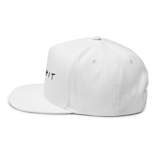 White cap with a logo on the side against a white background