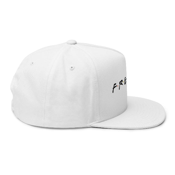 White cap with a small logo on a white background
