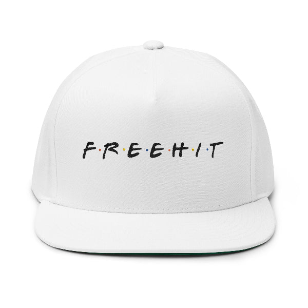 A white snapback cap featuring the word 'FREEHIT' printed across the front in a black serif font with small colorful dots between the letters, shown against a plain white background.