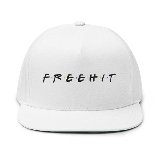 A white snapback cap featuring the word 'FREEHIT' printed across the front in a black serif font with small colorful dots between the letters, shown against a plain white background.