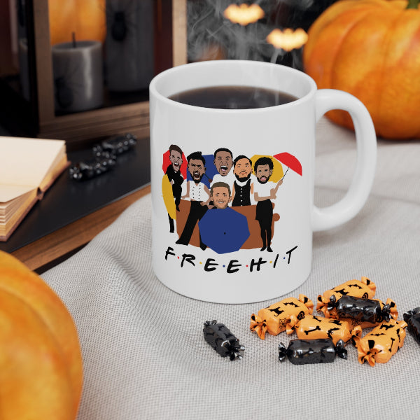 Free Hit FPL mug with Rice, Cherki, Szoboszlai, Gabriel, Bruno Fernandes and Pickford as the six friends, Fantasy Premier League gift