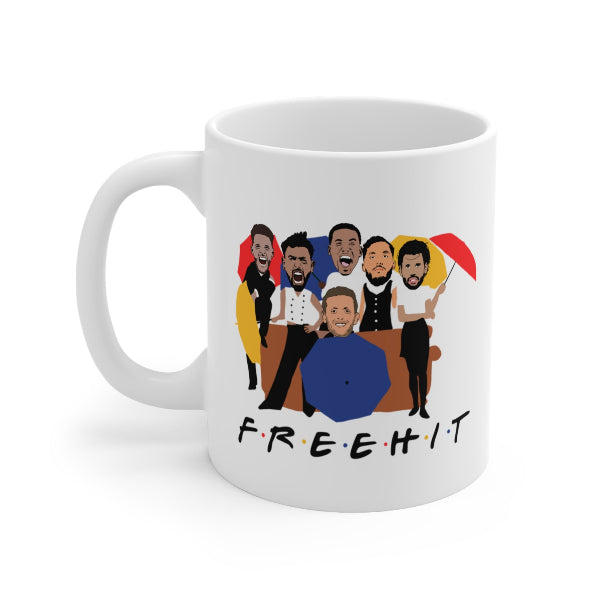 Free Hit FPL mug with Rice, Cherki, Szoboszlai, Gabriel, Bruno Fernandes and Pickford as the six friends, Fantasy Premier League gift