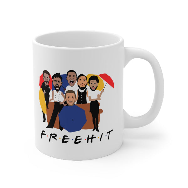 Free Hit FPL mug with Rice, Cherki, Szoboszlai, Gabriel, Bruno Fernandes and Pickford as the six friends, Fantasy Premier League gift