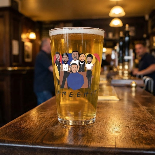 Free Hit FPL pint glass with six players as the six friends and text underneath, Fantasy Premier League gift