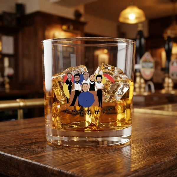 Free Hit FPL rocks glass with six players as the six friends and text underneath, Fantasy Premier League gift