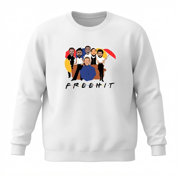 A white crewneck sweatshirt featuring a graphic print of stylized cartoon characters resembling the Friends TV show cast, with the word 'FREEHIT' printed below in a black handwritten font.