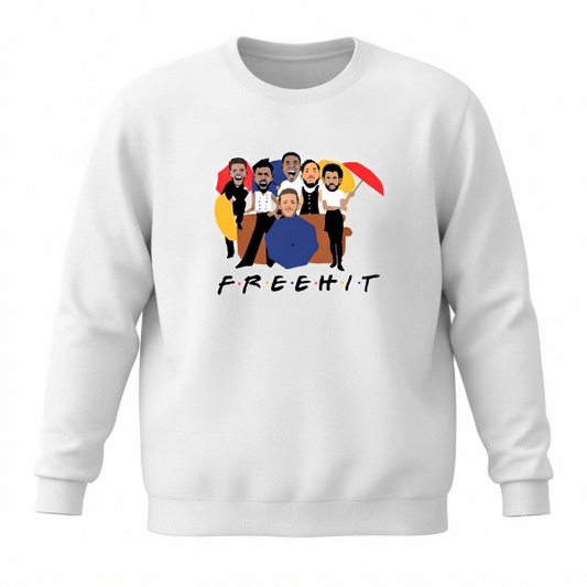 A white crewneck sweatshirt featuring a graphic print of stylized cartoon characters resembling the Friends TV show cast, with the word 'FREEHIT' printed below in a black handwritten font.