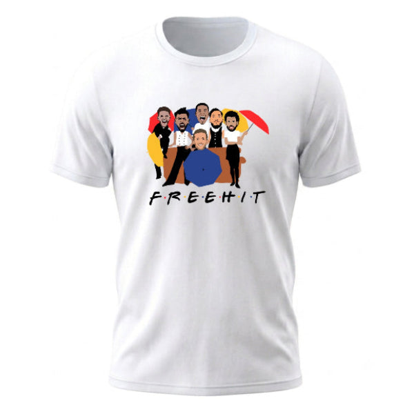 A white short-sleeve crewneck t-shirt featuring a cartoon graphic of six men with umbrellas and the word 'FREEHIT' printed below them.
