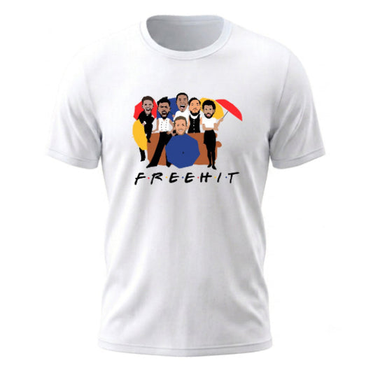 A white short-sleeve crewneck t-shirt featuring a cartoon graphic of six men with umbrellas and the word 'FREEHIT' printed below them.