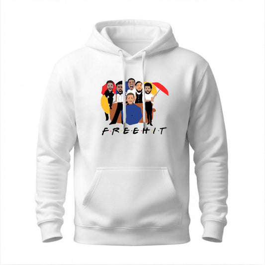 A white pullover hoodie with a graphic print on the chest depicting cartoon characters and the word 'FREEHIT' underneath, shown against a plain white background.