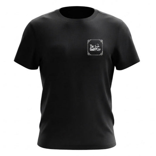 A black short-sleeve crewneck t-shirt with a small white square graphic on the left chest, displayed on a clean white background.