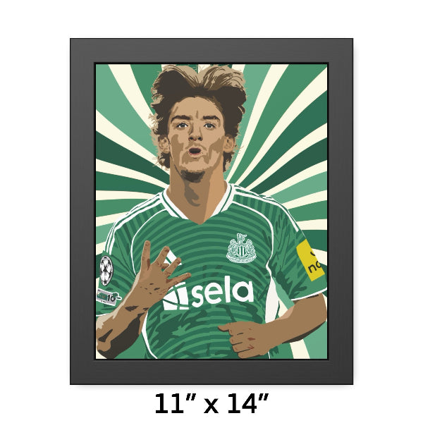 Framed artwork of a soccer player in a green jersey with a sunburst background