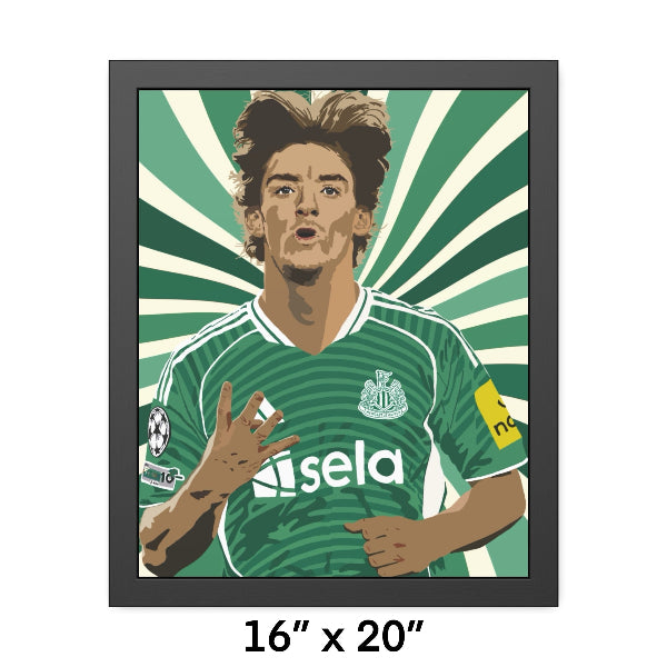 Framed artwork of a soccer player in a green jersey with a visible brand logo, size 16" x 20".