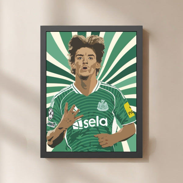 Framed poster of a person wearing a green sports jersey with a brand logo on a beige wall.