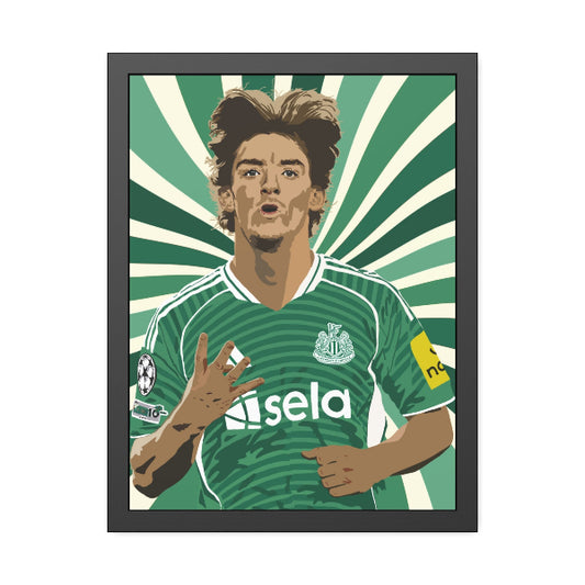 Framed artwork of a soccer player in a green jersey with a sunburst background