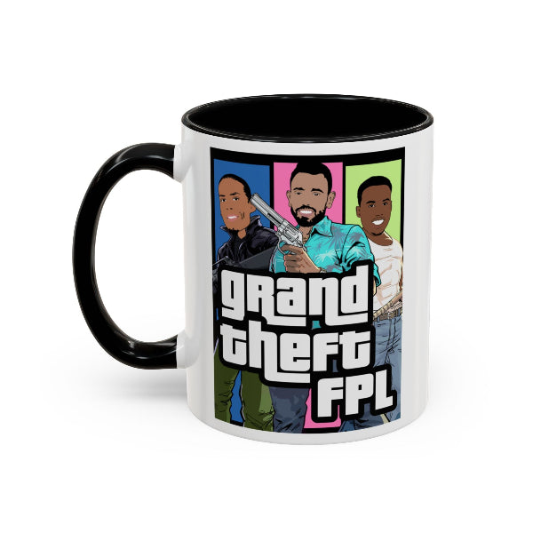 Mug with cartoon characters and 'Grand Theft FPL' text on a white background