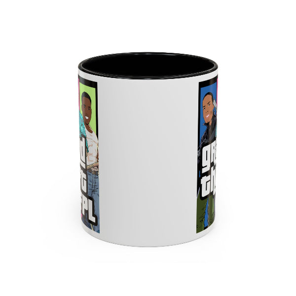 White mug with black interior and handle, featuring a graphic design on a white background
