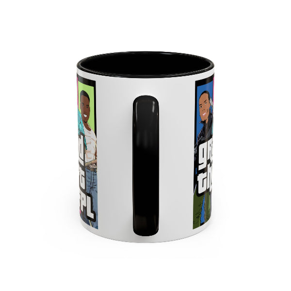White mug with black interior and handle, featuring graphics on a white background
