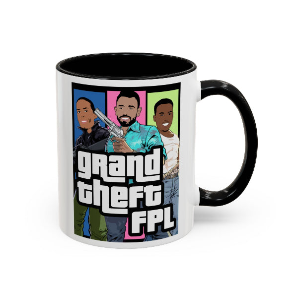 Mug with 'Grand Theft FPL' design featuring characters and a gun on a white background