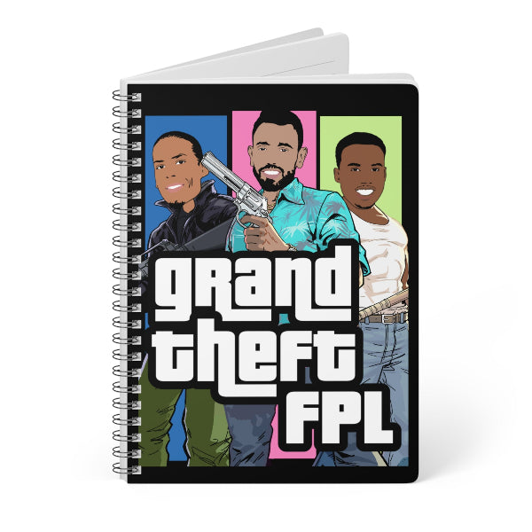 Notebook with cartoon characters and 'Grand Theft FPL' text on a white background