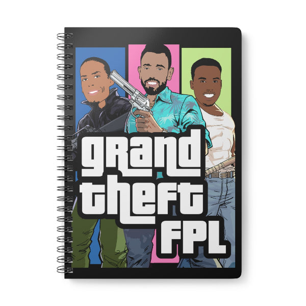Notebook with cartoon characters and 'Grand Theft FPL' text on a white background