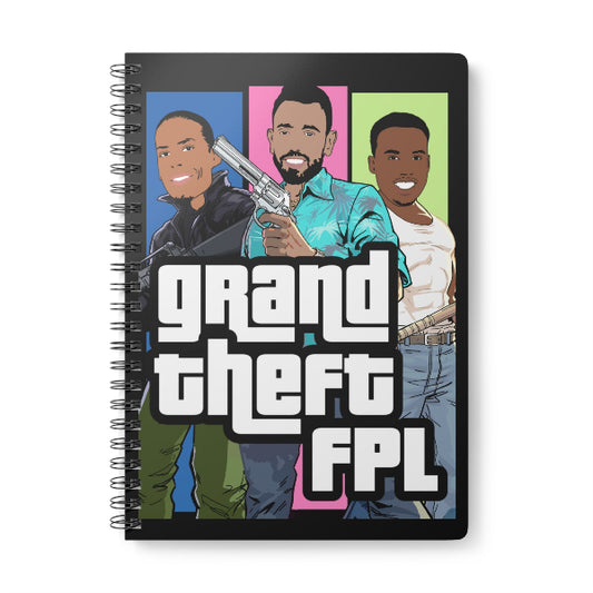 Notebook with cartoon characters and 'Grand Theft FPL' text on a white background