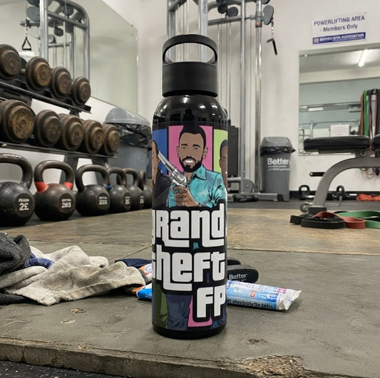 Grand Theft FPL water bottle with Bruno Fernandes, Virgil van Dijk and Gabriel as three GTA characters, Fantasy Premier League gift