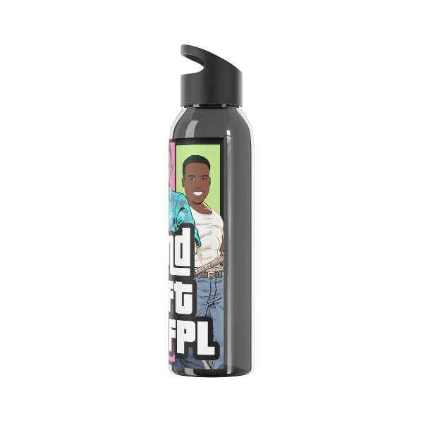Water bottle with a graphic design of a person and text on a white background
