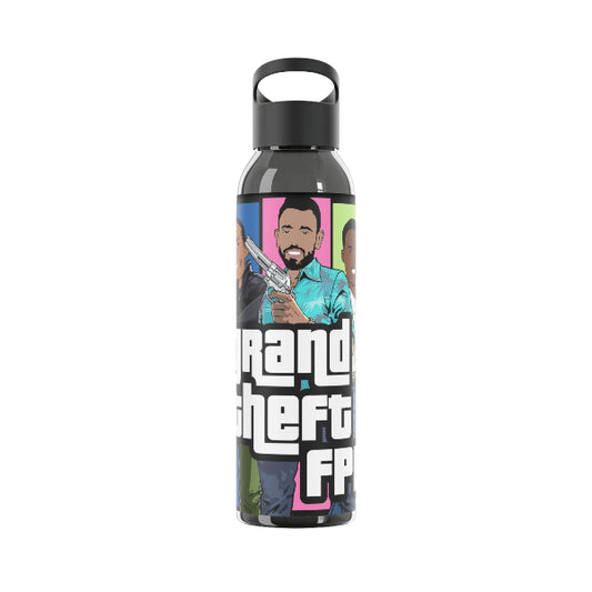 Water bottle with graphic design and text on a white background