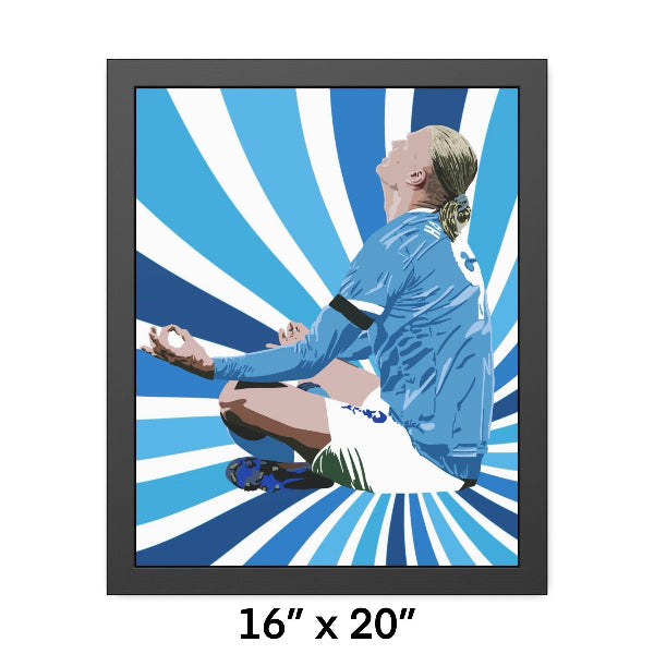 Framed artwork of a person in a blue outfit against a blue and white abstract background, with dimensions 16" x 20".