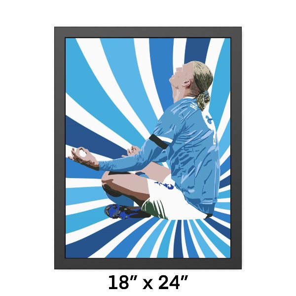 Framed artwork of a person in a yoga pose with blue and white abstract design, size 18" x 24".