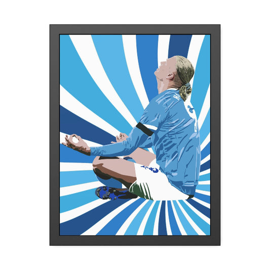 Framed artwork of a person in a yoga pose with blue and white abstract design
