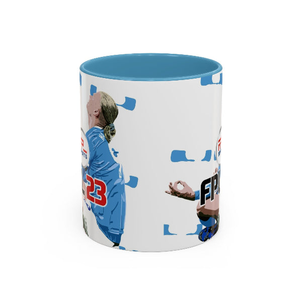 Mug with sports-themed design featuring a player in a blue uniform with red numbers on a white background.
