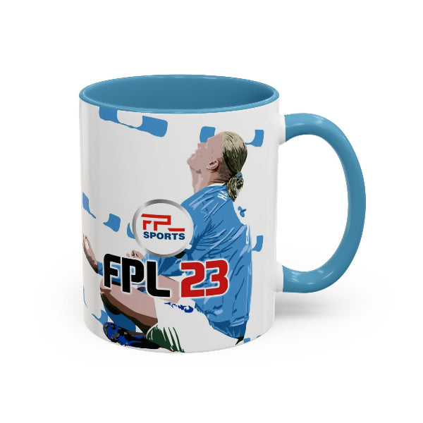 Mug with a soccer player design and FPL Sports branding on a white background