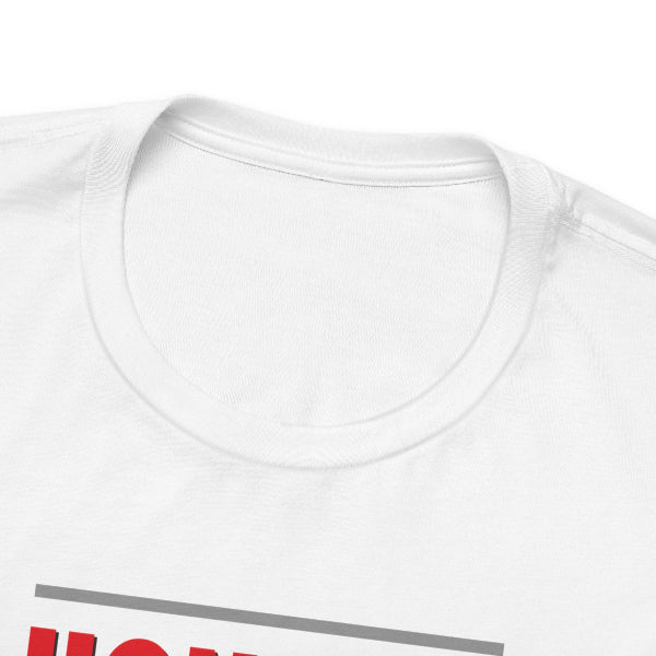 White t-shirt with red and gray text on a white background