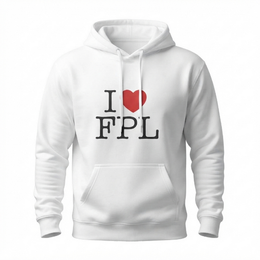 A white pullover hoodie with a front kangaroo pocket and drawstring hood, featuring a graphic print on the chest that reads 'I' followed by a red heart and 'FPL' in black lettering.