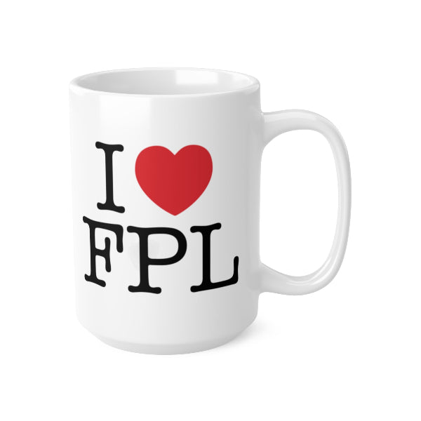 White mug with 'I ❤️ FPL' text on a white background