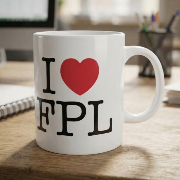 A white ceramic coffee mug with the text 'I' and 'FPL' in black, separated by a red heart, sitting on a wooden desk in a blurred office setting.