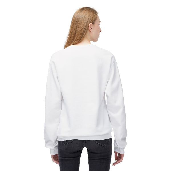 Person wearing a white sweatshirt on a white background