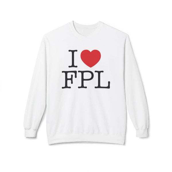 A white crewneck sweatshirt featuring a graphic print on the chest that reads 'I' followed by a red heart and 'FPL' in black serif letters, displayed against a clean white background.