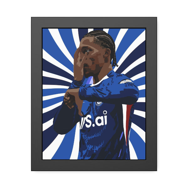 Framed artwork of a person in a blue sports jersey with a starburst background