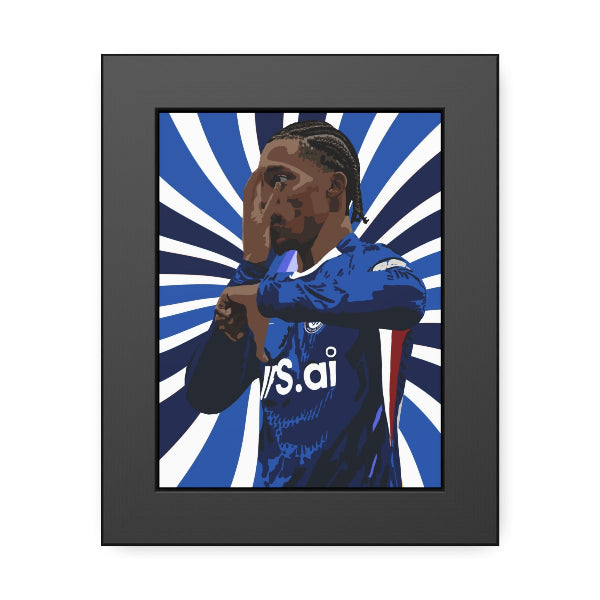 Framed artwork of a person in a blue sports jersey with a starburst background