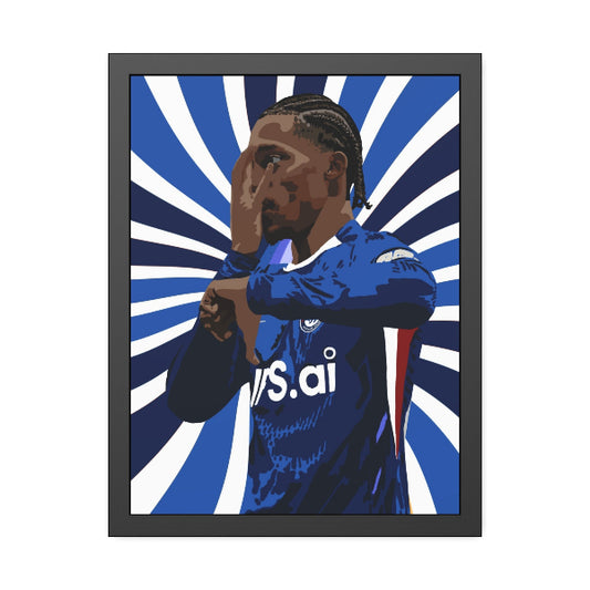 Framed artwork of a sports player in a blue jersey with a starburst background
