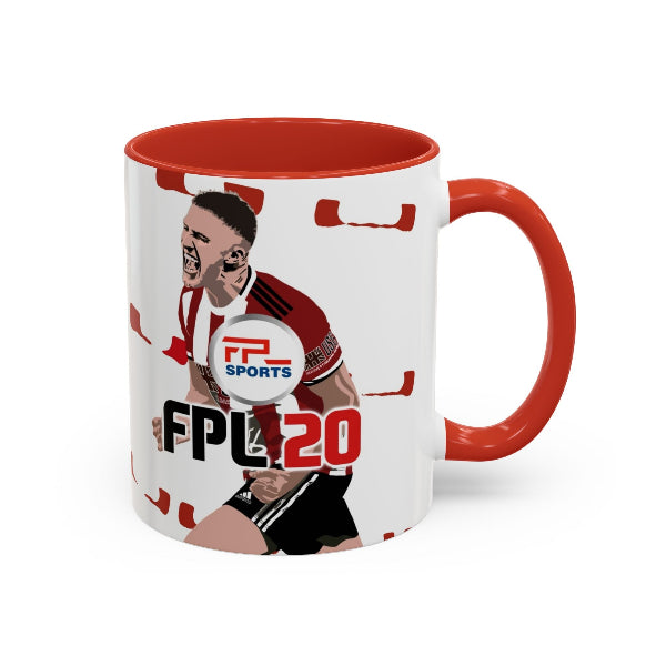 Mug with a sports player design and 'FPL 20' text on a white background
