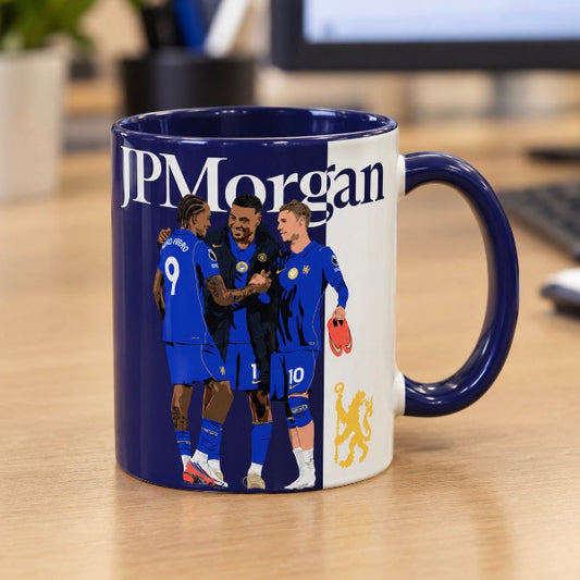 JPMorgan Chelsea mug with illustrations of Joao Pedro, Morgan Rogers and Cole Palmer, Fantasy Premier League gift