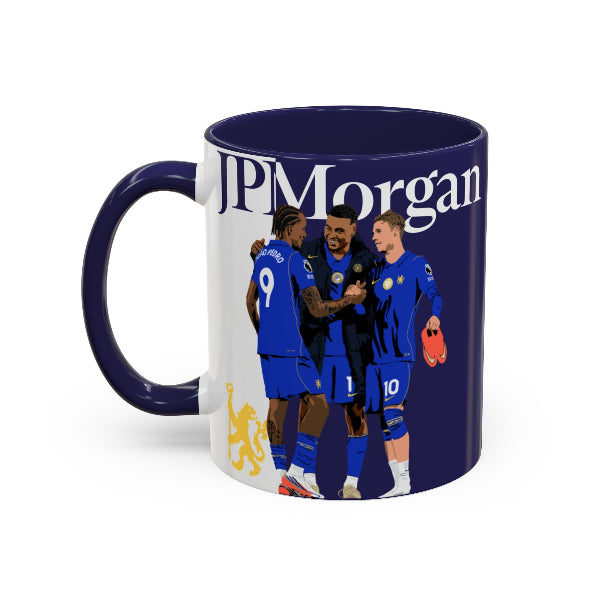 JPMorgan Chelsea mug with illustrations of Joao Pedro, Morgan Rogers and Cole Palmer, Fantasy Premier League gift