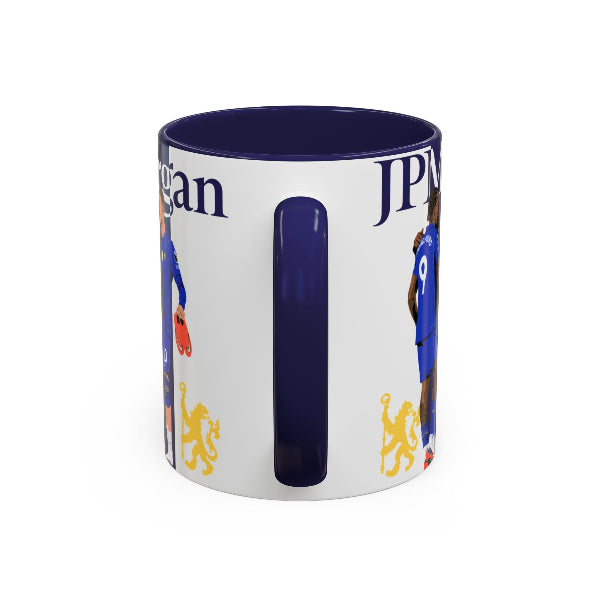 JPMorgan Chelsea mug with illustrations of Joao Pedro, Morgan Rogers and Cole Palmer, Fantasy Premier League gift