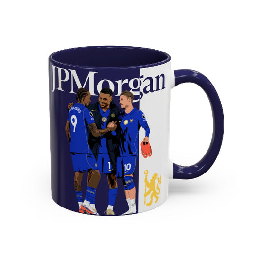 JPMorgan Chelsea mug with illustrations of Joao Pedro, Morgan Rogers and Cole Palmer, Fantasy Premier League gift