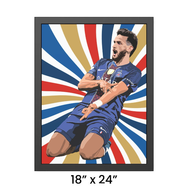 Framed artwork of a soccer player in a blue jersey against a colorful radial background.
