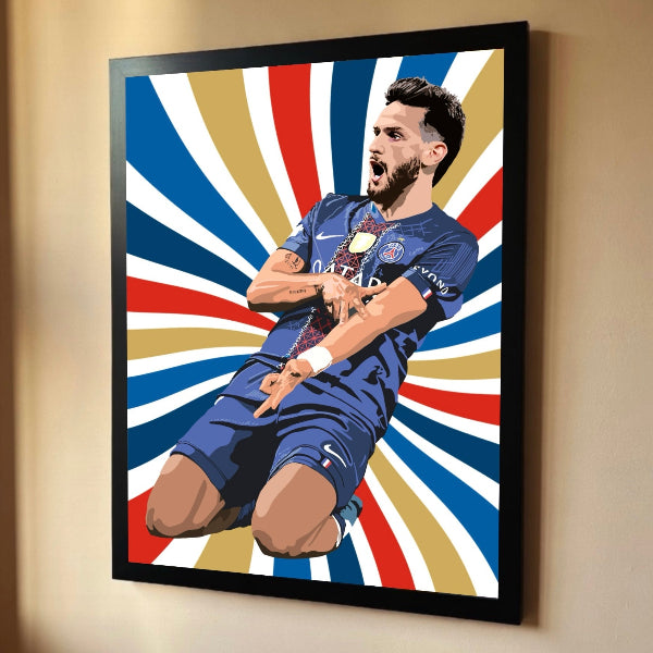 Framed artwork of a soccer player in a blue uniform against a colorful radial background.